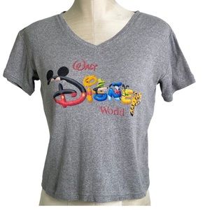 Walt Disney World Vintage Y2K Grey V-Neck Short Sleeve Top Size Small